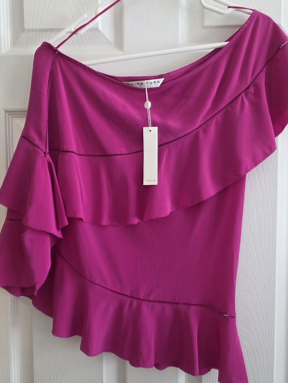 Trina Turk Medium NWT Asymmetrical Pink Ruffle One-Shoulder Silk